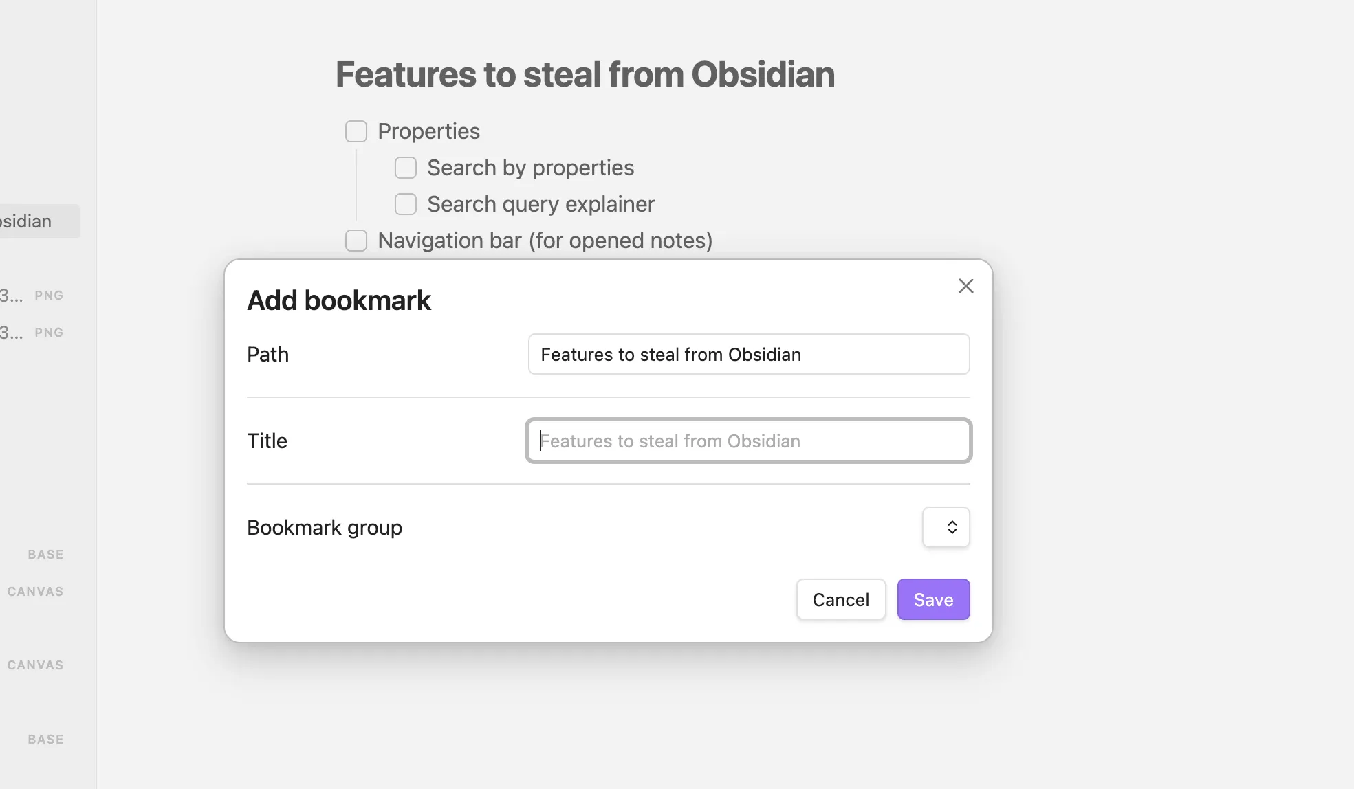 The Obsidian screen with bookmark window